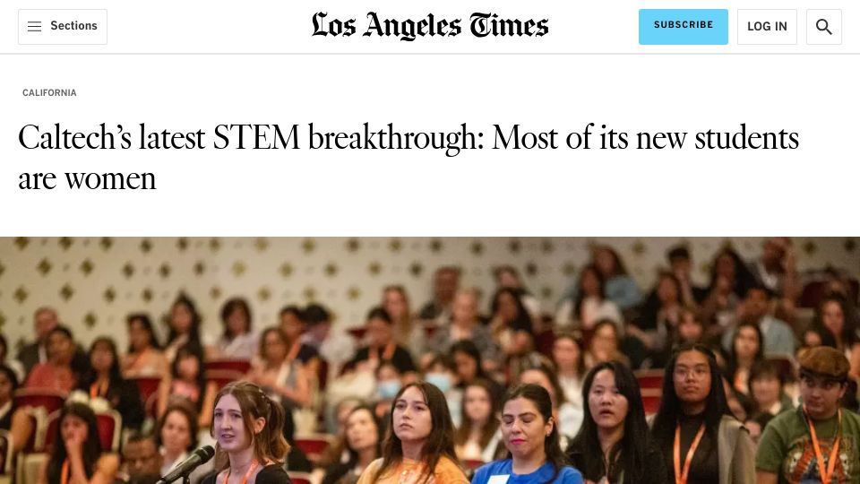 Screenshot of latimes.com: Caltech, long a bastion of male students, enrolls first class of majority women