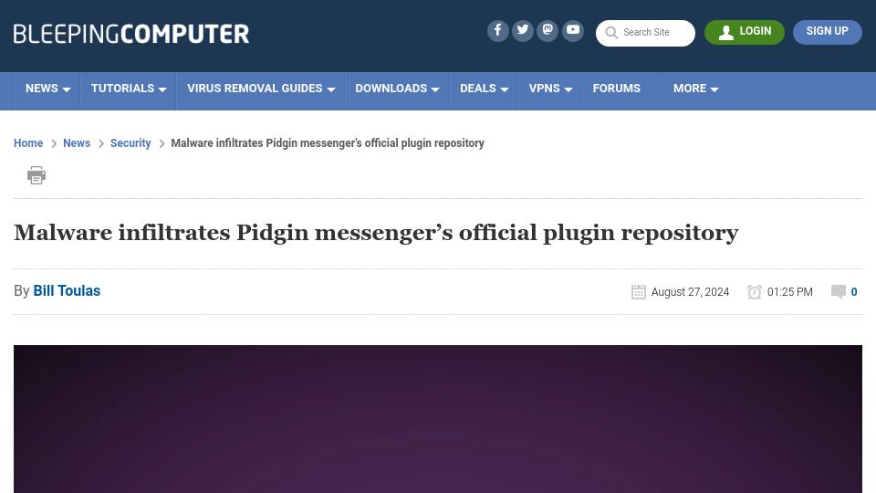 Screenshot of bleepingcomputer.com: Malware infiltrates Pidgin messenger's official plugin repository