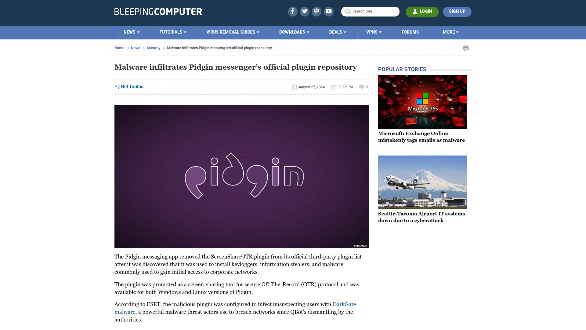 Screenshot of bleepingcomputer.com: Malware infiltrates Pidgin messenger's official plugin repository