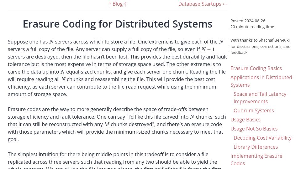 Screenshot of transactional.blog: Erasure Coding for Distributed Systems