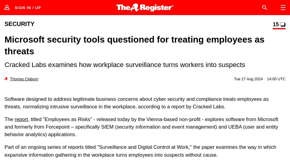 Screenshot of theregister.com: Microsoft security tools questioned for treating employees as threats