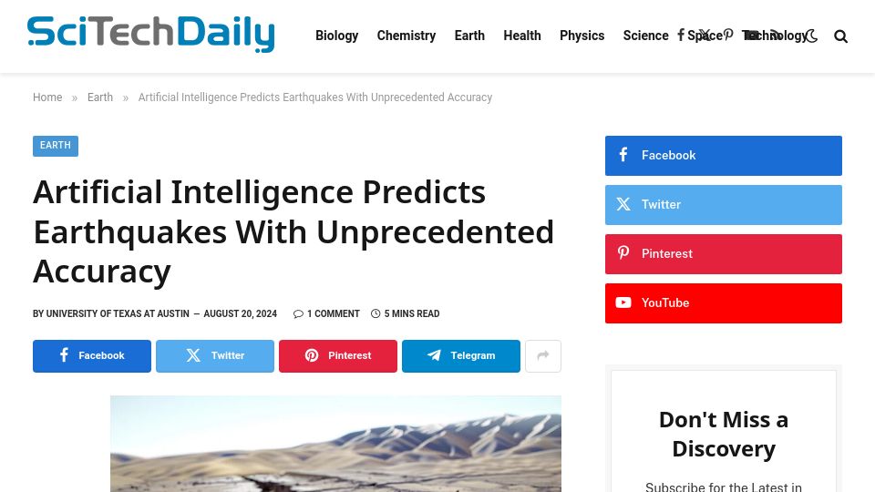 Screenshot of scitechdaily.com: AI predicts earthquakes with unprecedented accuracy