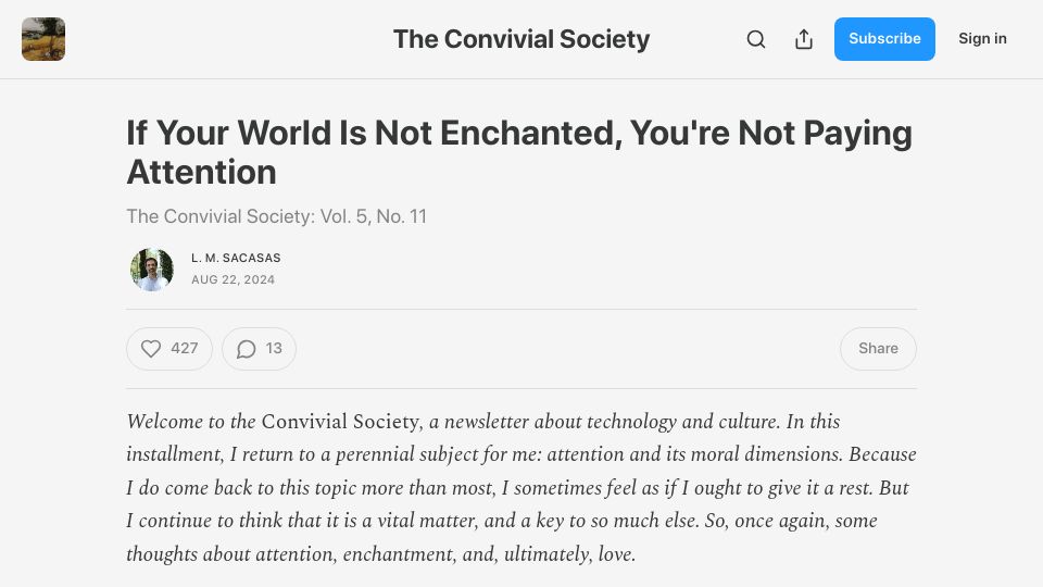 Screenshot of theconvivialsociety.substack.com: If Your World Is Not Enchanted, You're Not Paying Attention