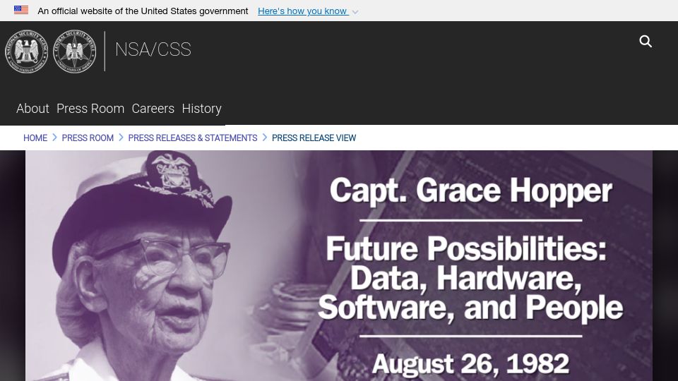 Screenshot of nsa.gov: Grace Hopper on Future Possibilities: Data, Hardware, Software, and People