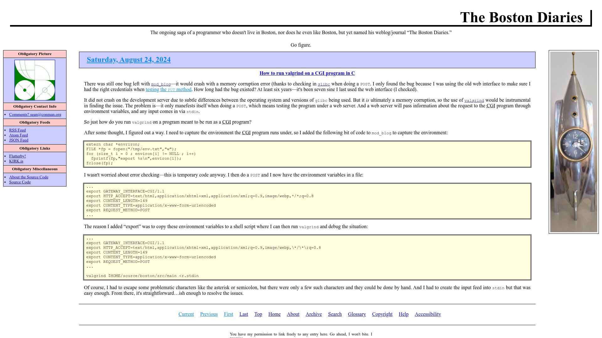 Screenshot of boston.conman.org: How to run Valgrind on a CGI program in C