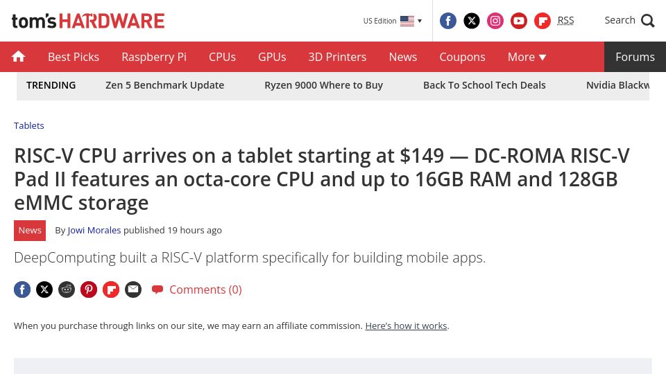 Screenshot of tomshardware.com: RISC-V CPU arrives on a tablet starting at $149