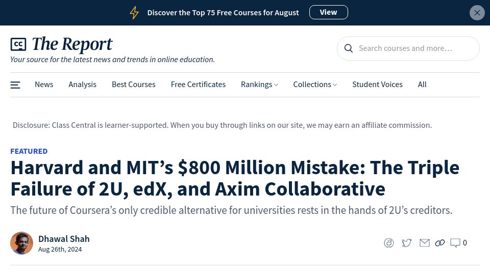 Screenshot of classcentral.com: The Triple Failure of 2U, EdX, and Axim