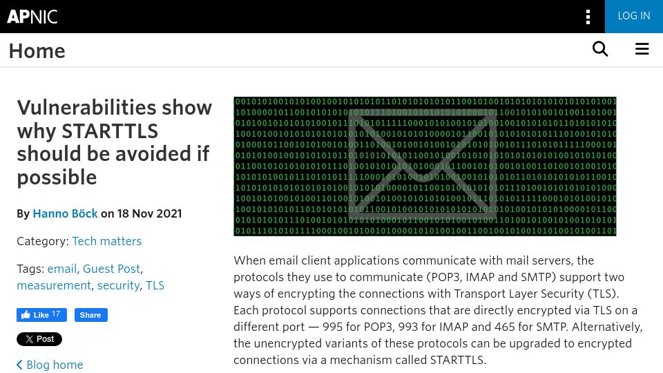 Screenshot of blog.apnic.net: Vulnerabilities show why STARTTLS should be avoided if possible (2021)
