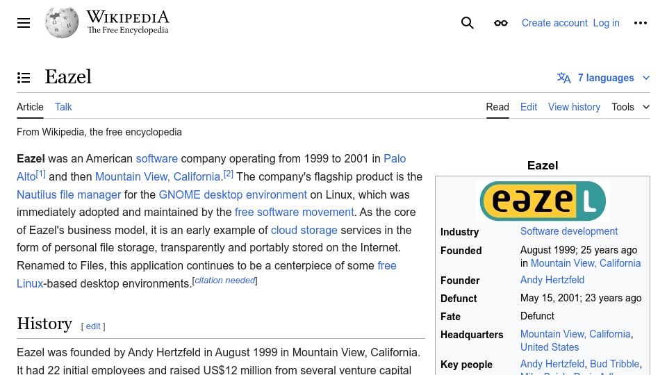 Screenshot of en.wikipedia.org: Eazel, ex-Apple led Linux startup