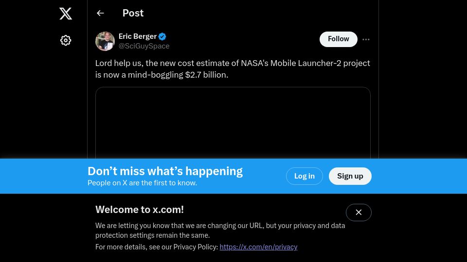 Screenshot of twitter.com: NASA's SLS rocket's Mobile Launcher-2 increase from $383M to $2.7B