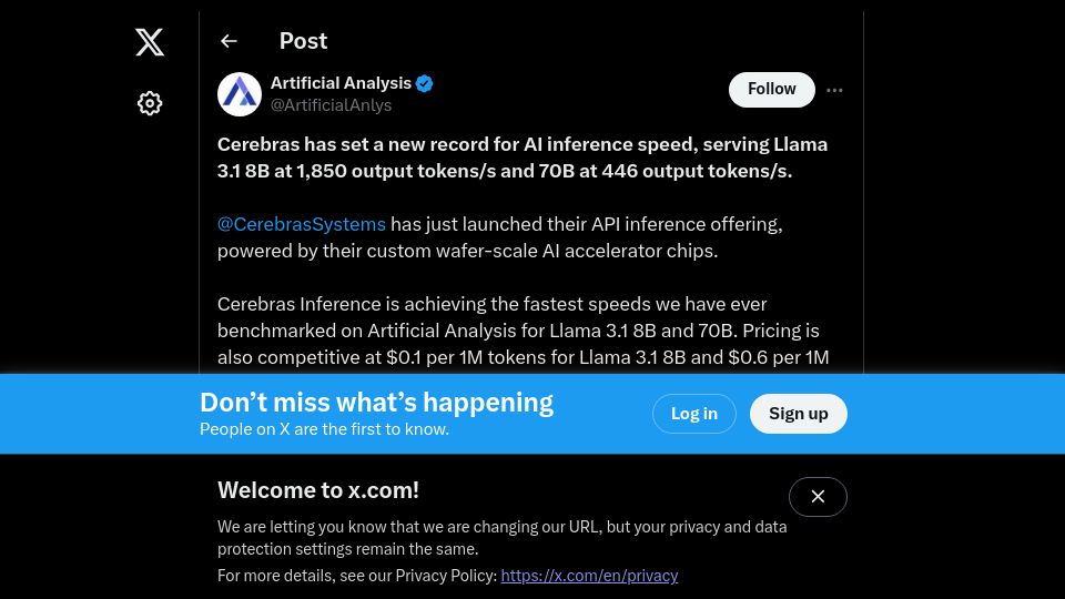 Screenshot of twitter.com: Cerebras launches inference for Llama 3.1; benchmarked at 1846 tokens/s on 8B