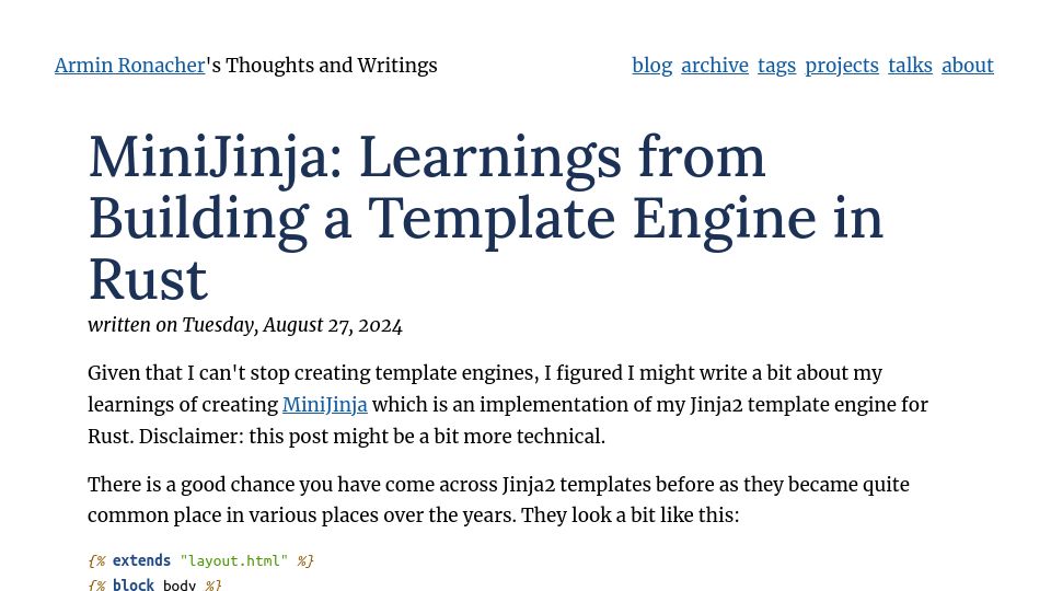 Screenshot of lucumr.pocoo.org: MiniJinja: Learnings from Building a Template Engine in Rust