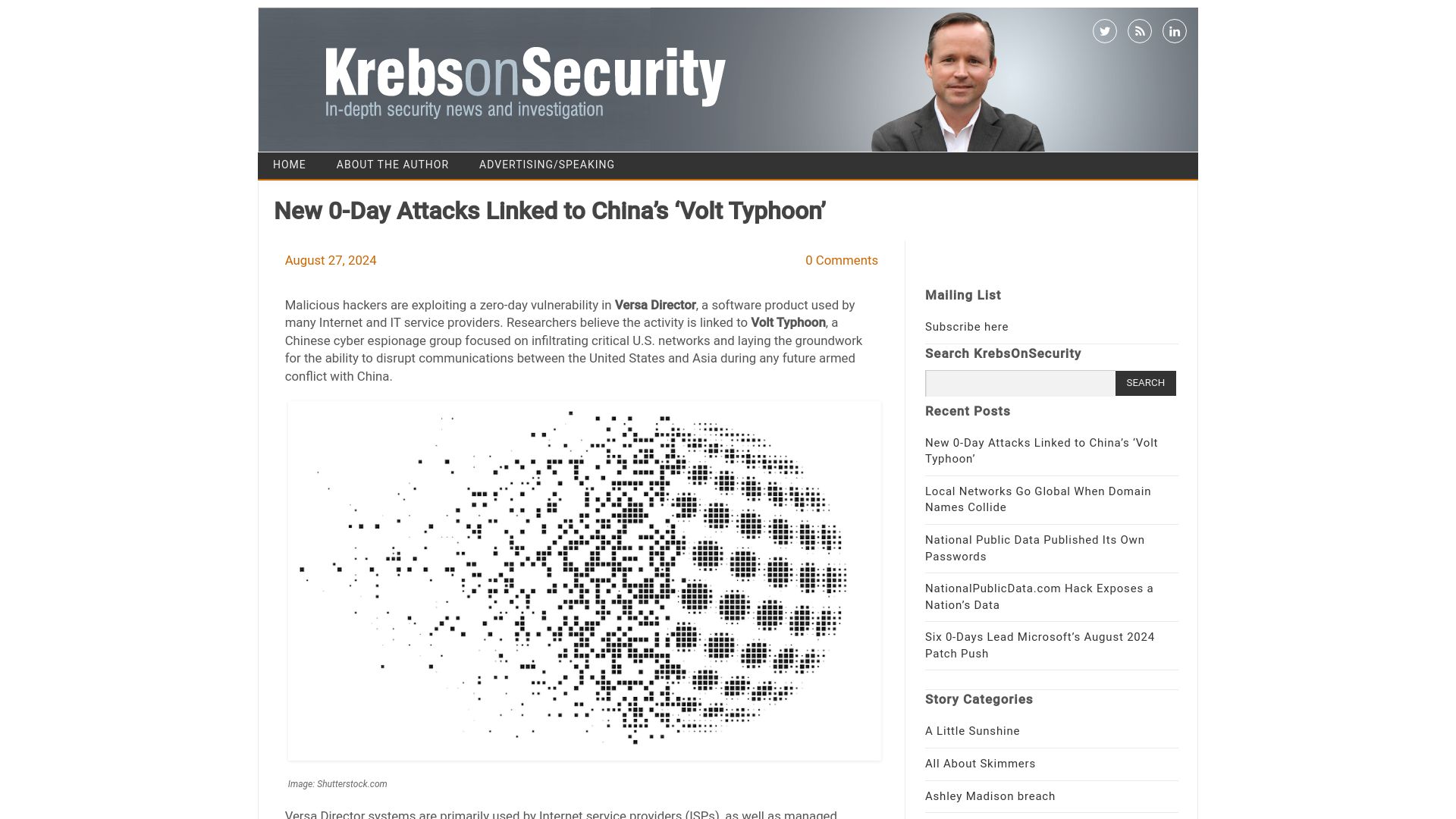 Screenshot of krebsonsecurity.com: New 0-Day Attacks Linked to China's 'Volt Typhoon'