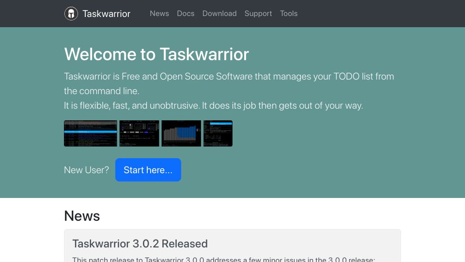 Screenshot of taskwarrior.org: Taskwarrior – CLI Task Management
