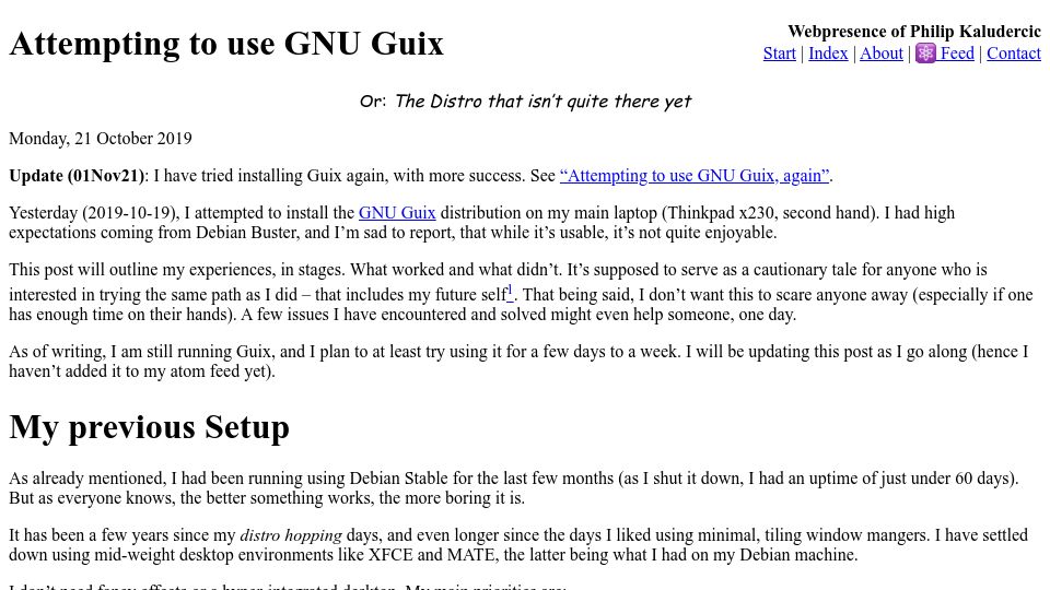 Screenshot of amodernist.com: Attempting to Use GNU Guix (2019)
