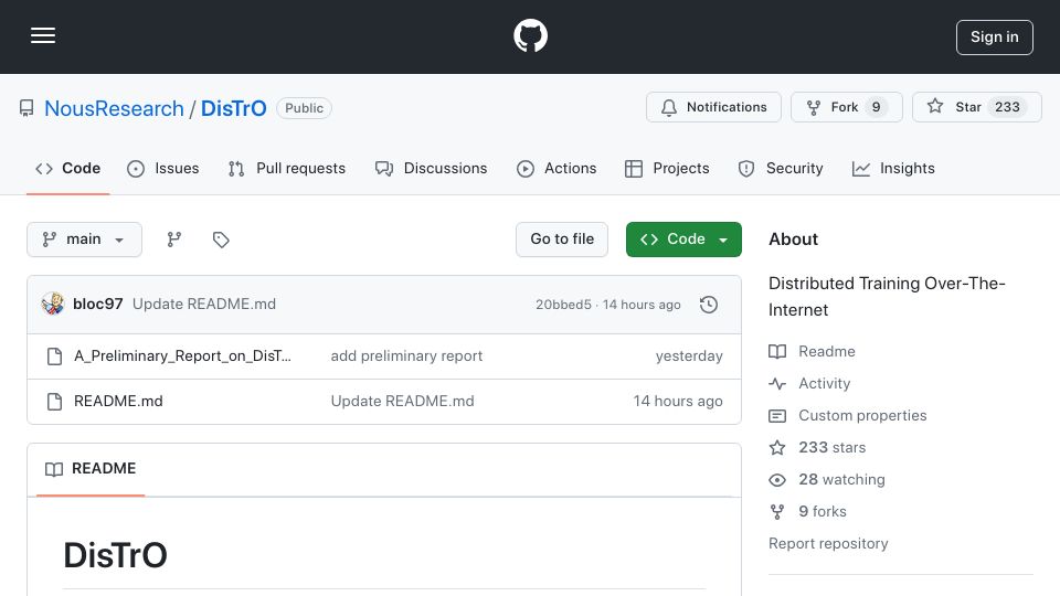 Screenshot of github.com: DisTrO – a family of low latency distributed optimizers