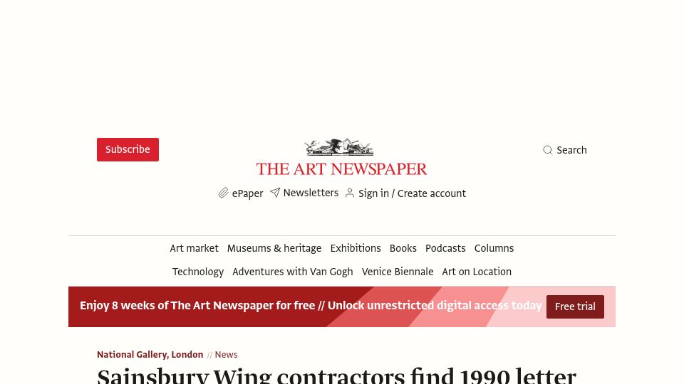 Screenshot of theartnewspaper.com: Sainsbury Wing contractors find 1990 letter from donor