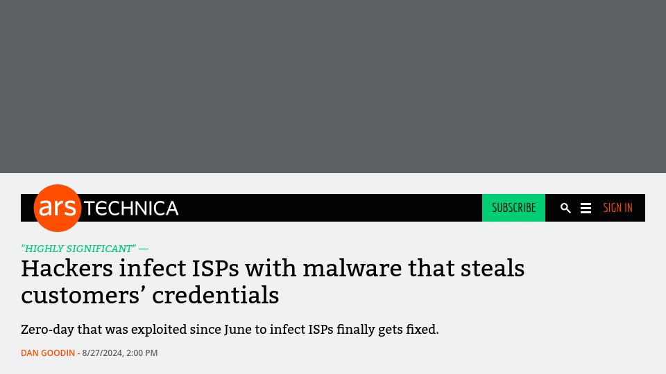 Screenshot of arstechnica.com: Hackers infect ISPs with malware that steals customers' credentials