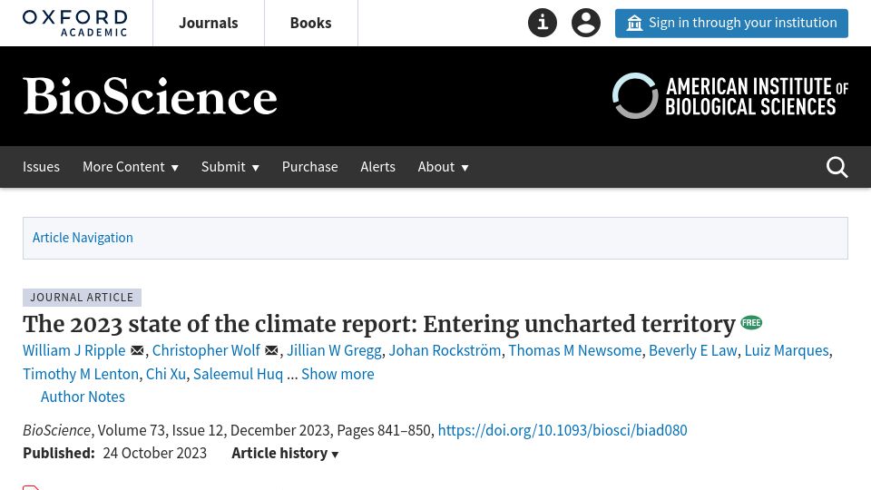 Screenshot of academic.oup.com: 2023 state of the climate Entering uncharted territory