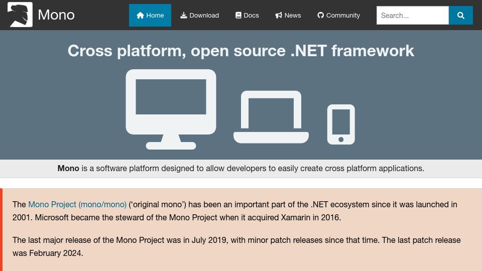 Screenshot of mono-project.com: Microsoft donates the Mono Project to the Wine team