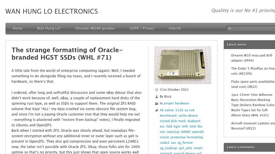 Screenshot of wanhunglo.com: The formatting of Oracle-branded HGST SSDs (2021)