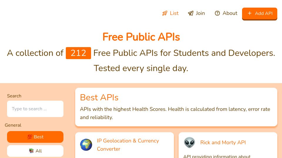 Screenshot of freepublicapis.com: A Collection of Free Public APIs That Is Tested Daily