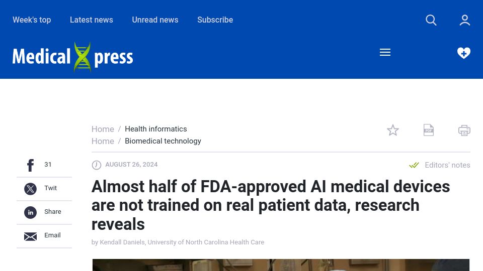 Screenshot of medicalxpress.com: Many FDA-approved AI medical devices are not trained on real patient data
