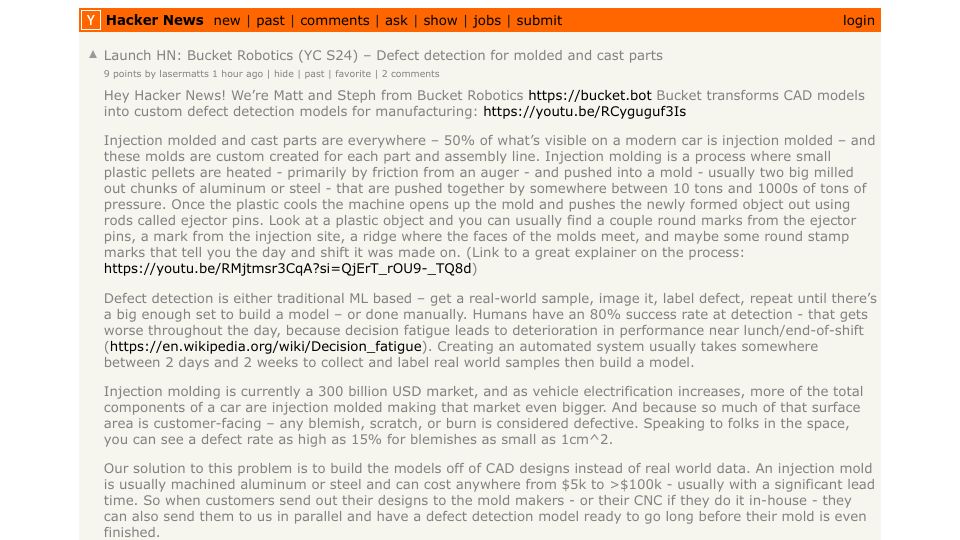 Screenshot of Hacker News post: Launch HN: Bucket Robotics (YC S24) – Defect detection for molded and cast parts