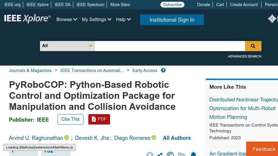 Screenshot of ieeexplore.ieee.org: PyRoboCOP: Python-Based Robotic Control and Optimization Package