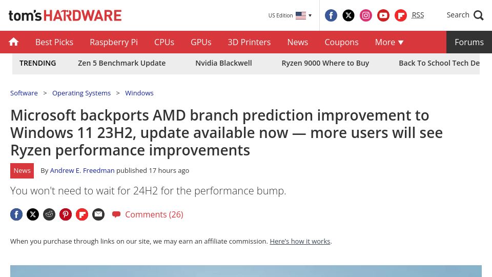 Screenshot of tomshardware.com: Microsoft backports AMD branch prediction improvement to Windows 11 23H2