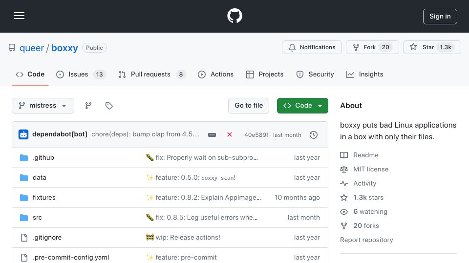 Screenshot of github.com: Boxxy puts bad Linux applications in a box with only their files