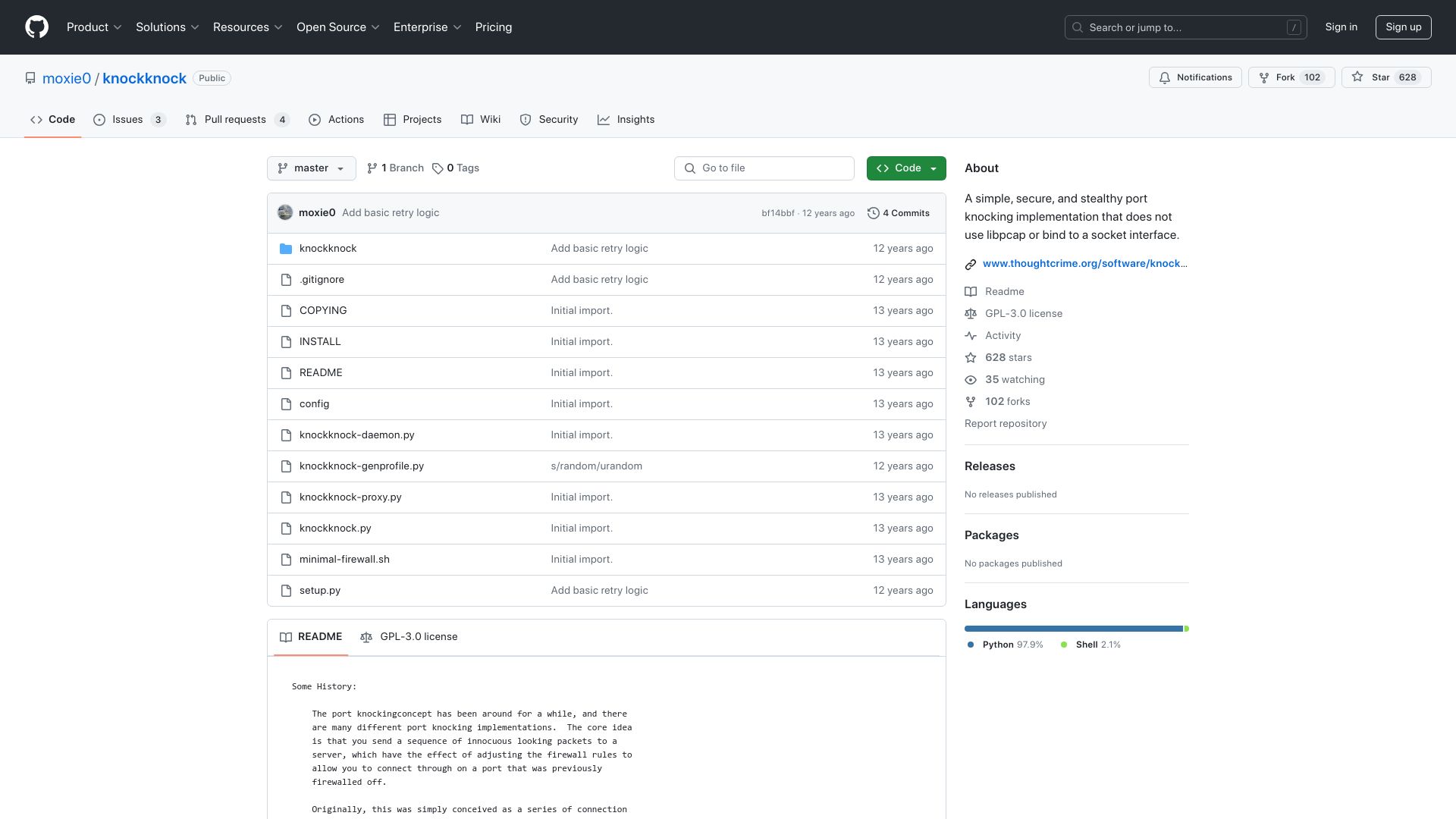 Screenshot of github.com: Knockknock: Simple, secure, and stealthy port knocking implementation (2012)