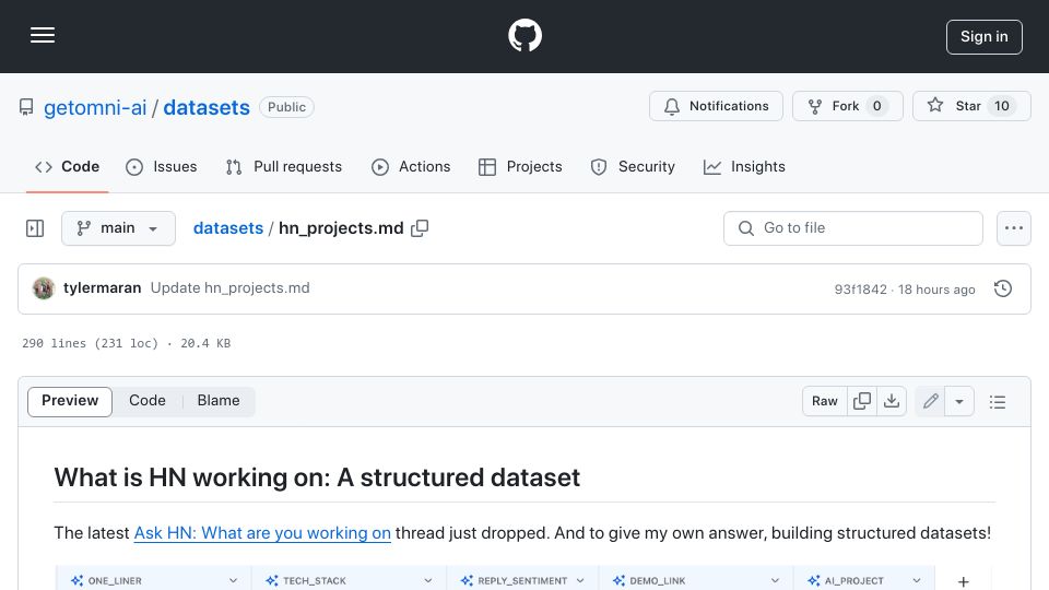 Screenshot of github.com: Show HN: Every open source tool from the "What's HN working on" thread
