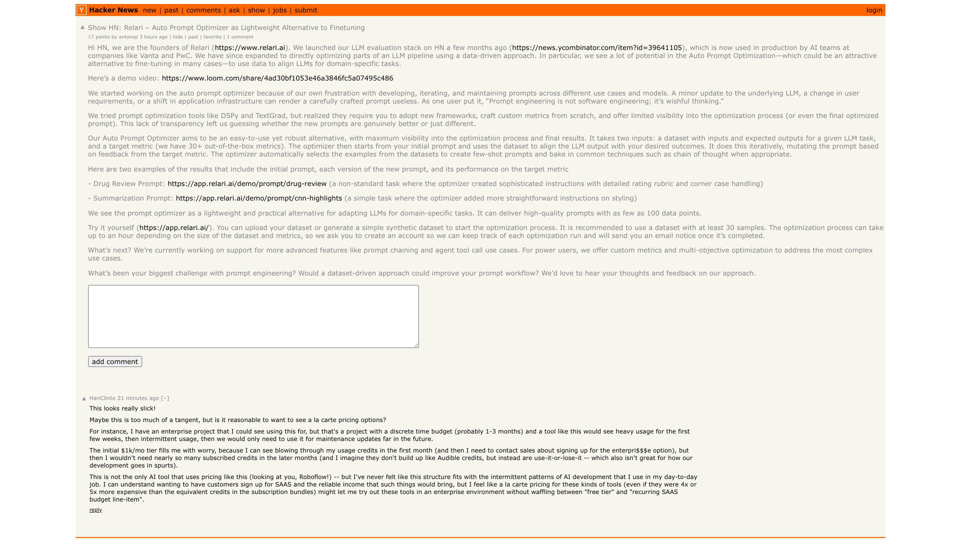 Screenshot of this Hacker News post: Show HN: Relari – Auto Prompt Optimizer as Lightweight Alternative to Finetuning