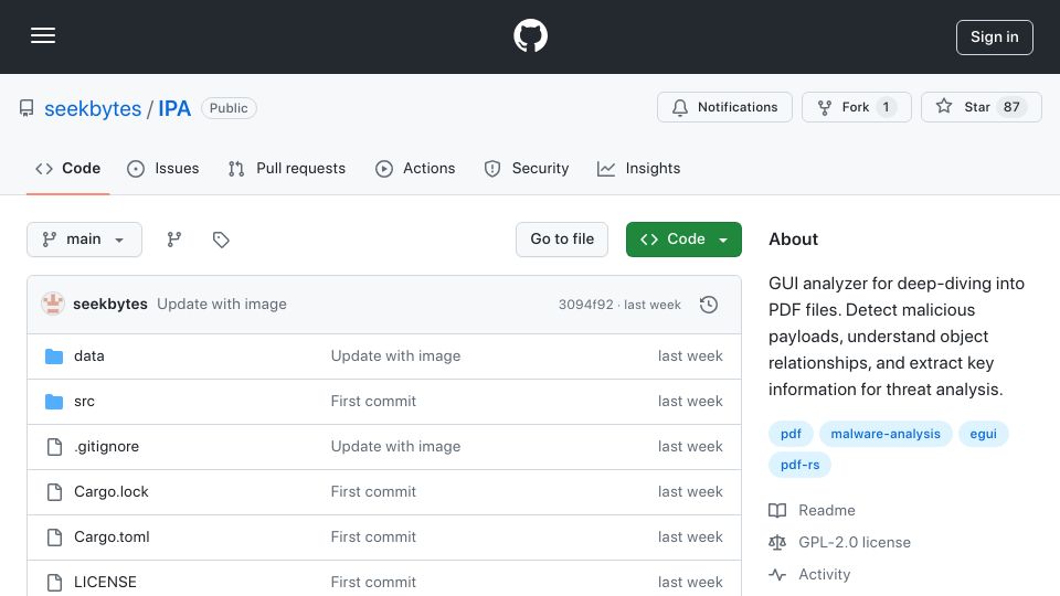 Screenshot of github.com: Show HN: IPA, a GUI for exploring inner details of PDFs