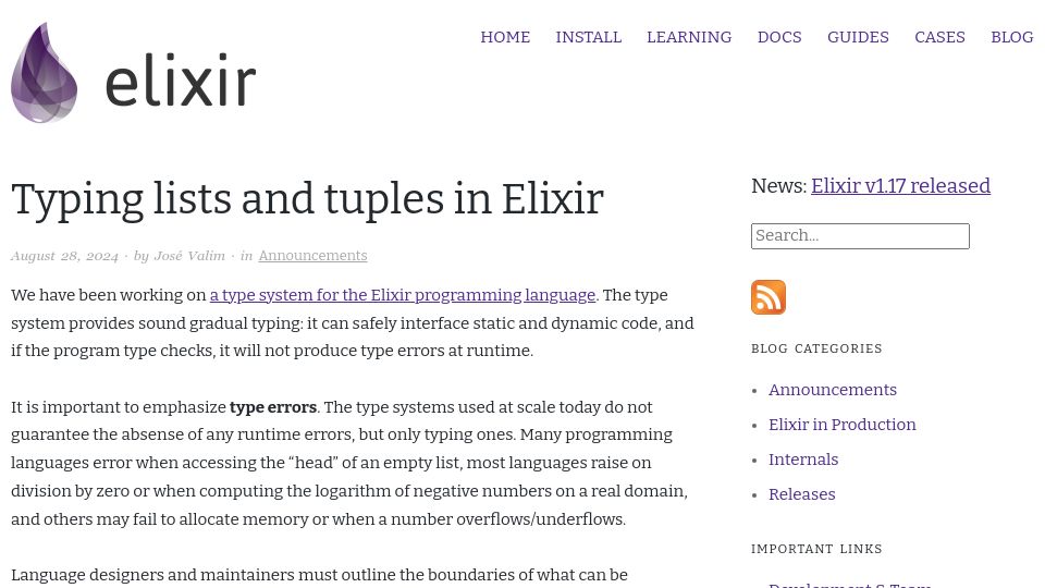 Screenshot of elixir-lang.org: Typing lists and tuples in Elixir