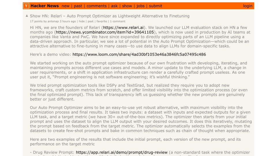 Screenshot of Hacker News post: Show HN: Relari – Auto Prompt Optimizer as Lightweight Alternative to Finetuning