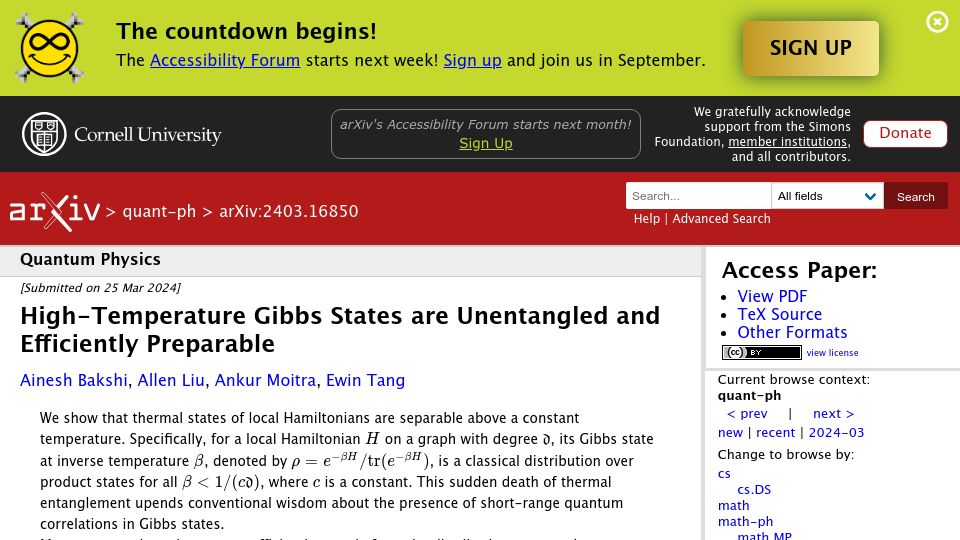 Screenshot of arxiv.org: High-temperature Gibbs states are unentangled and efficiently preparable