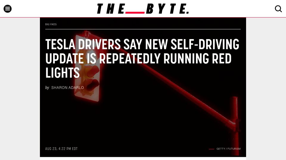 Screenshot of futurism.com: Tesla drivers say new FSD update is repeatedly running red lights