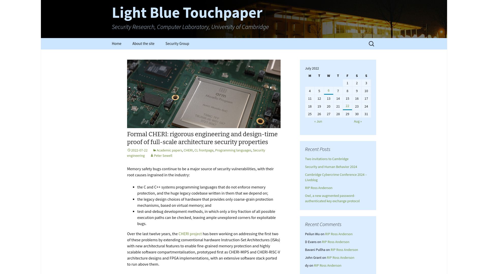 Screenshot of lightbluetouchpaper.org: Formal CHERI: design-time proof of full-scale architecture security properties (2022)