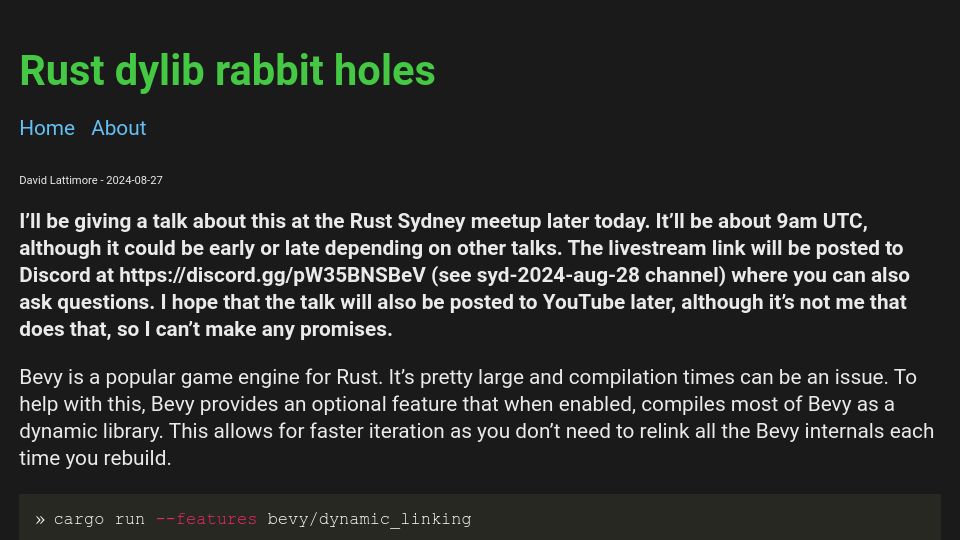 Screenshot of davidlattimore.github.io: Rust Dylib Rabbit Holes