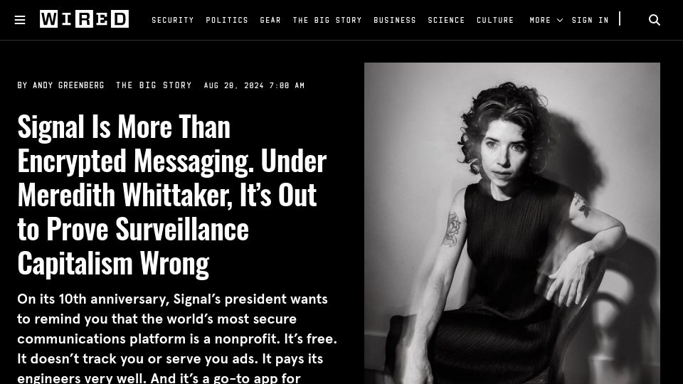 Screenshot of wired.com: Interview with Signal President Meredith Whittaker