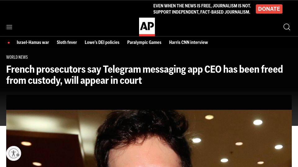 Screenshot of apnews.com: French prosecutors say Telegram CEO freed from custody, will appear in court