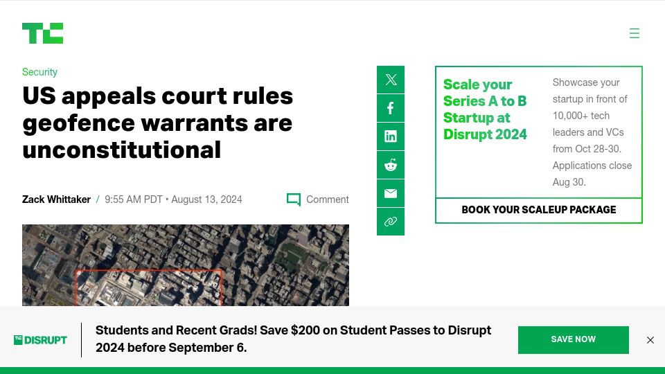 Screenshot of techcrunch.com: US appeals court rules geofence warrants are unconstitutional