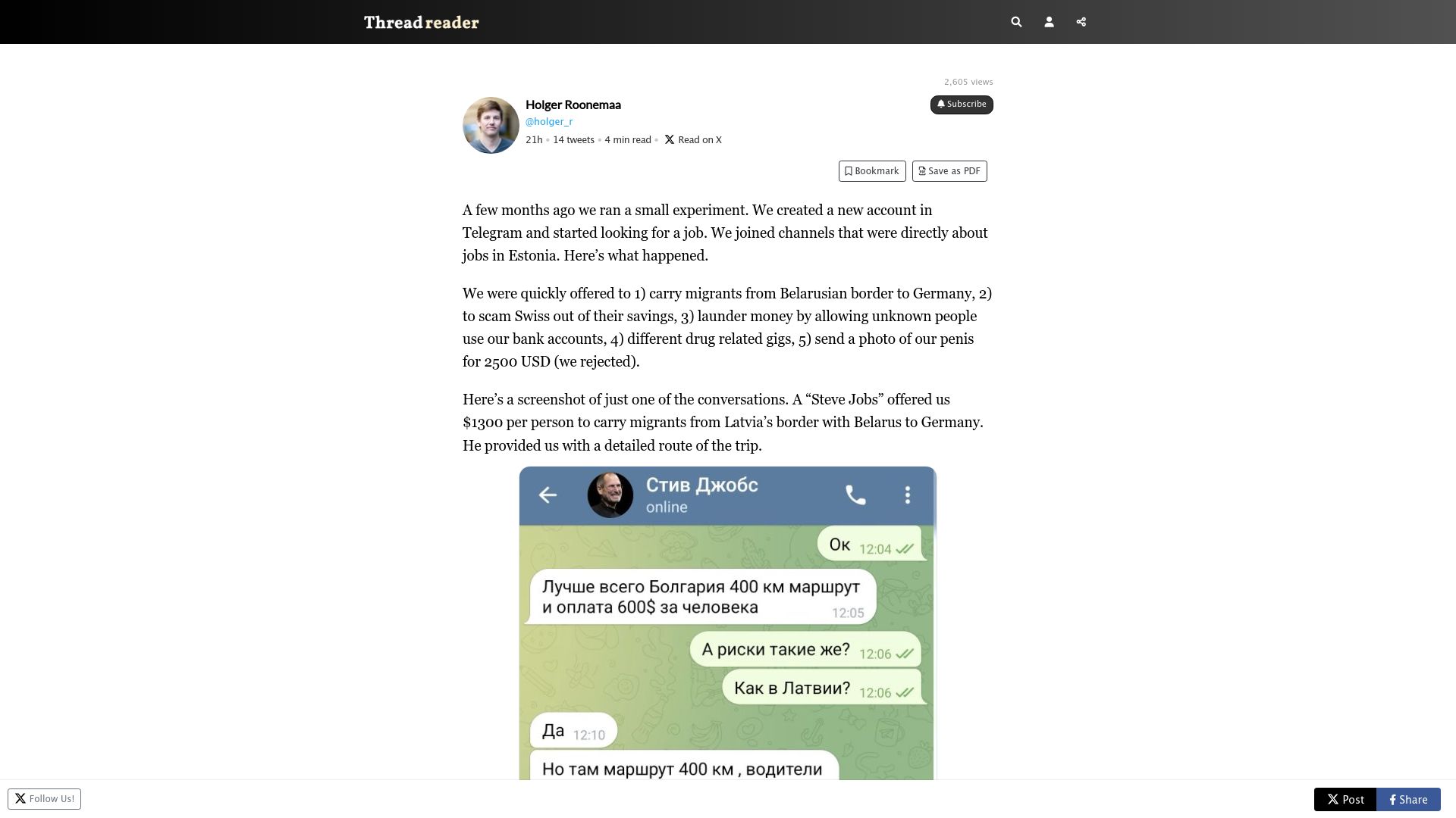 Screenshot of threadreaderapp.com: We created a new account in Telegram and started looking for a job in Estonia