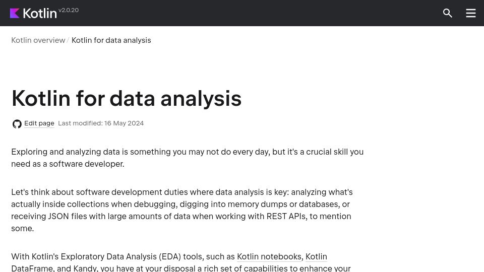 Screenshot of kotlinlang.org: Kotlin for data analysis