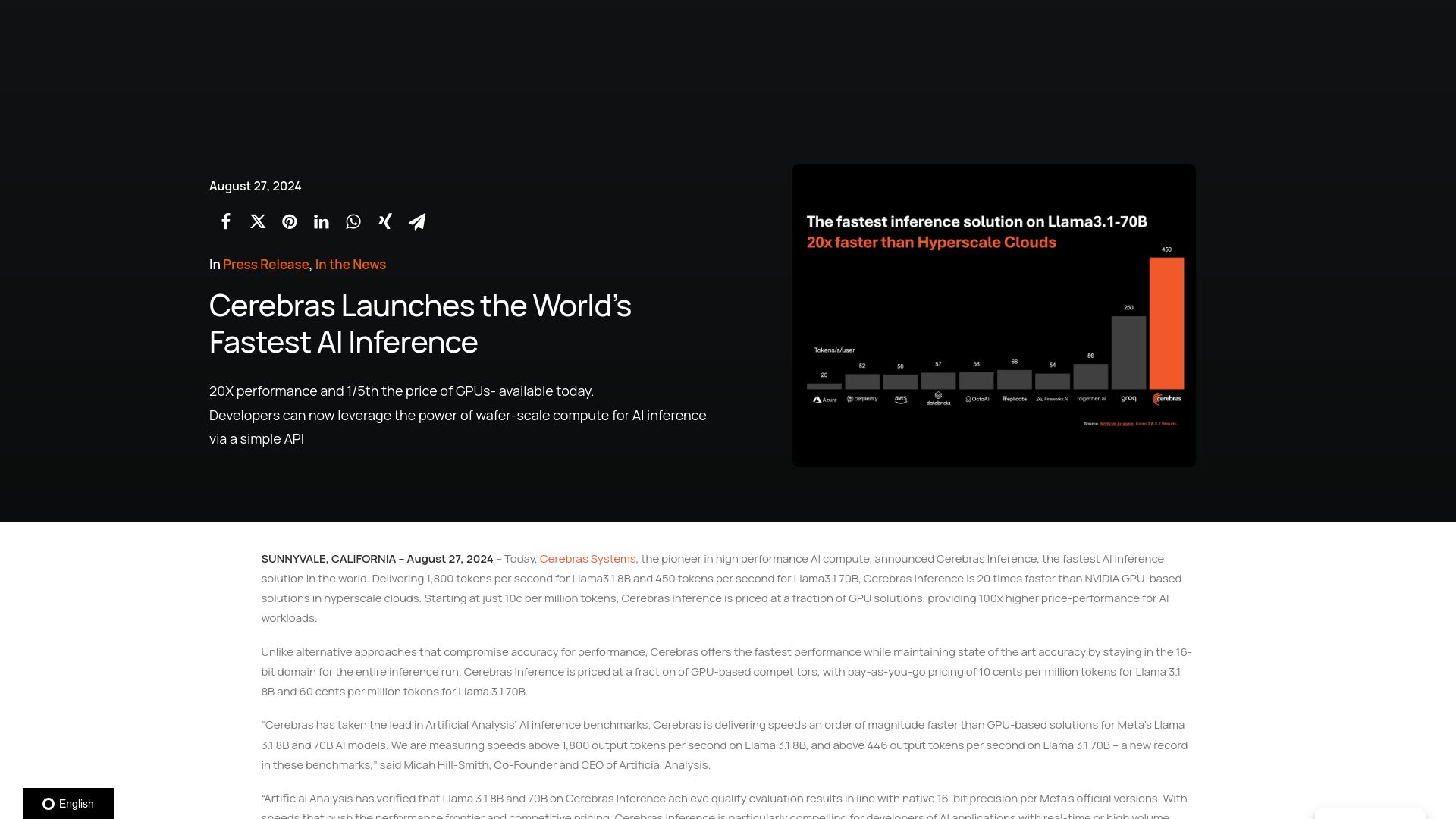 Screenshot of cerebras.ai: Cerebras Launches the Fastest AI Inference