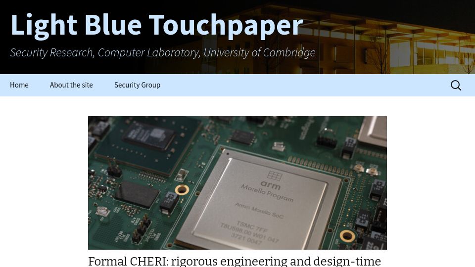 Screenshot of lightbluetouchpaper.org: Formal CHERI: design-time proof of full-scale architecture security properties (2022)