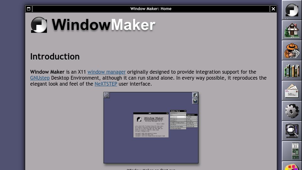 Screenshot of windowmaker.org: Window Maker: X11 window manager with the look and feel of the NeXTSTEP UI