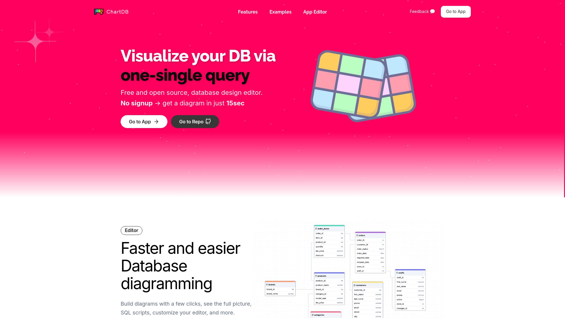 Screenshot of chartdb.io: ChartDB – Free and open source, database design editor